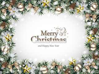 Vector illustration representing decorative Christmas frame with ornaments, pine cones, poinsettia flowers, fir branches and berries covered with snowflakes