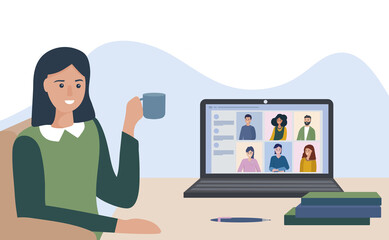Vector illustration of remote work. Workplace home. Video chat, discussion of business processes. Online education, consultation. Group video conference. A person at the laptop, chatting with friends