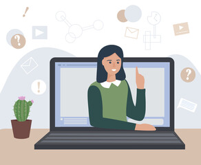 Woman works remotely. Home workstation with a table and a laptop. Virtual communication. Online education, consultation with a specialist. Vector flat illustration