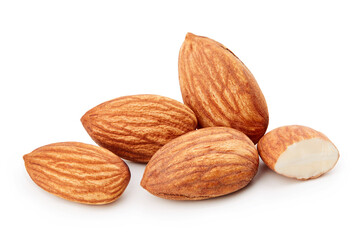 Closeup of almonds, isolated on white background