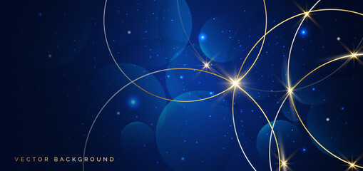 Abstract gold circles lines overlapping on dark blue background.