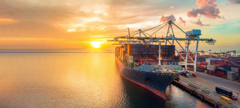 crane loading cargo container to container ship stand by in the international terminal logistic container depot sea port  concept smart freight shipping by ship at sunset , webinar banner