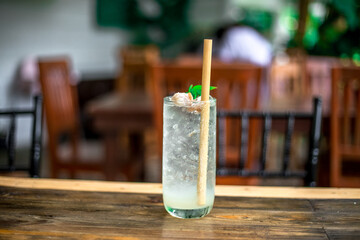 The background of fried rice dishes and cold drinks seen in rural restaurants, delicious taste during travel.