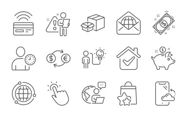 Fototapeta na wymiar Currency exchange, Business idea and Contactless payment line icons set. Packing boxes, Saving money and Payment signs. Time management, Loyalty points and Globe symbols. Line icons set. Vector