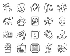 Fototapeta na wymiar Business icons set. Included icon as Payment message, Algorithm, Cpu processor signs. Journey path, Stop shopping, Star symbols. Reject access, Face biometrics, Hdd. Clean bubbles. Vector