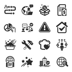 Set of Business icons, such as International Ð¡opyright, Payment, Internet documents symbols. Hand washing, Sale, Lawyer signs. Business way, Spanner tool, Love cooking. Journey path. Vector