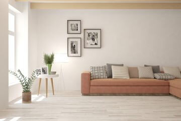 White living room with sofa. Scandinavian interior design. 3D illustration