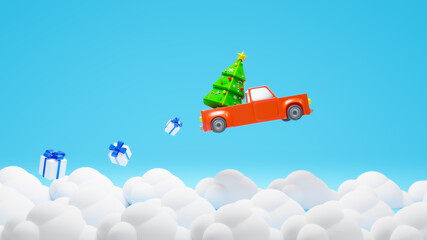 3d rendering red car fly on the sky theme Merry christmas and happy new year.