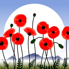 Red poppy flowers against the sky. Floral Background Images. Vector illustration.