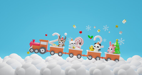 3d rendering character on train minimal theme Merry christmas and happy new year 2021.