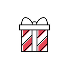 Gift box with red stripes vector icon in trendy minimalist style. Cute striped gift box isolated on white background