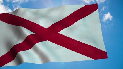 Alabama flag on a flagpole waving in the wind in the sky. 3d rendering