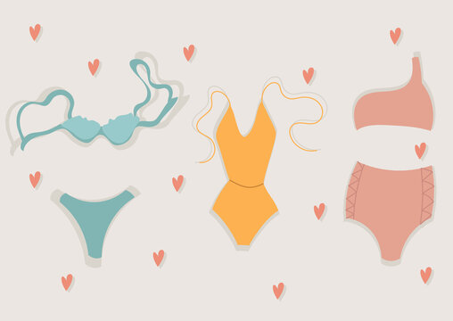 Vector set of female swimsuit on  pink  background with hearts 