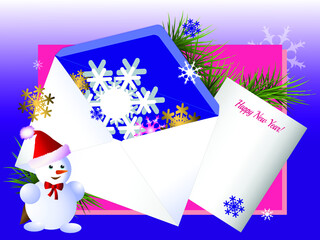 Postal envelope with snowflakes inside, New Year greeting card with place for text, a pine branch and a snowman in a Santa Claus hat. Vector illustration for a festive design.