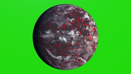 Realistic Volcanic Planet on Green Screen. Earth global disaster. 3d rendering