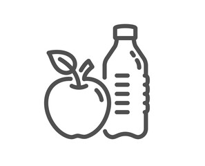 Healthy food and drink line icon. Water with apple sign. Gym fit bottle symbol. Quality design element. Linear style healthy food icon. Editable stroke. Vector