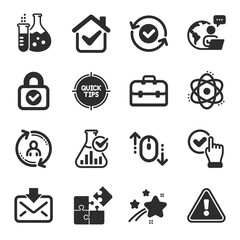 Set of Technology icons, such as User info, Security confirmed, Security lock symbols. Chemistry flask, Chemistry lab, Checkbox signs. Scroll down, Tips, Portfolio. Puzzle, Incoming mail. Vector