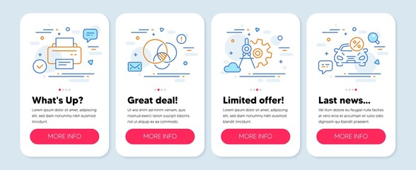 Set of Technology icons, such as Printer, Cogwheel dividers, Euler diagram symbols. Mobile screen banners. Car leasing line icons. Printing device, Settings, Relationships chart. Vector