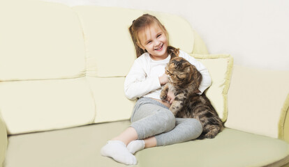 Obraz na płótnie Canvas little girl sits on the sofa in the living room and holds a scottish cat in her arms. in the interior