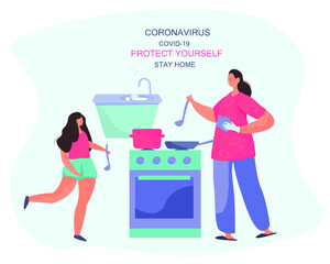 Mother and Daughter Cook in the Kitchen during Quarantine.Stay at Home.People keeping Distance for Coronavirus Covid-19.
Stay Home on Quarantine During the Coronavirus Epidemic.Vector Illustration