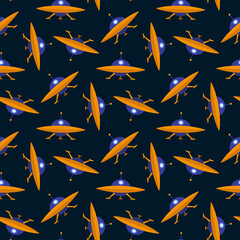 Beautiful flying saucers isolated on dark blue background. Cute seamless pattern. Vector flat graphic illustration. Texture.