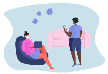 Characters in Medical Mask Watching News about Coronavirus. Stay at Home Stay Safe. Working from home. People keeping Distance for Decrease Infection Risk to Prevent Virus Covid-19.
Vector Illustratio