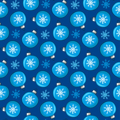 Cute beautiful Christmas balls and snowflakes isolated on a blue background. Christmas festive seamless pattern. Vector flat graphic hand drawn illustration. Texture.