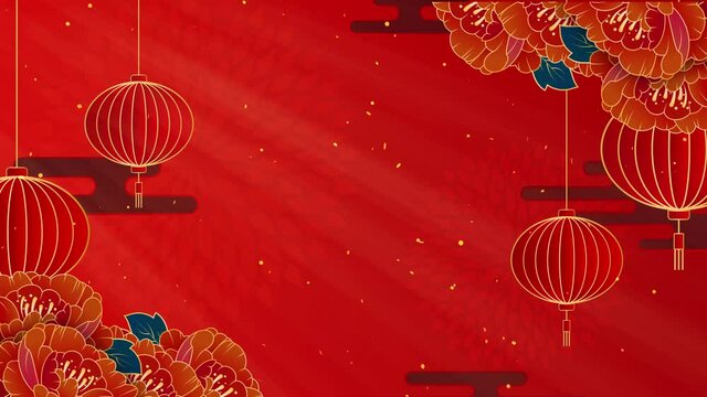 Chinese New Year,  Happy new year, Traditional lunar year background with hanging lanterns and flowers. Seamless 4K loop video animation with copy space. 