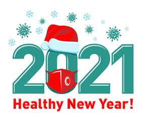 2021 Healthy New Year concept Poster or logo with Santa hat and red face mask. Stop flu coronavirus. Vector on transparent background