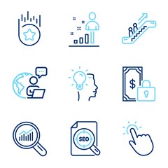 Technology icons set. Included icon as Private payment, Loyalty star, Idea signs. Seo file, Touchpoint, Data analysis symbols. Stats, Escalator line icons. Secure finance, Bonus reward. Vector