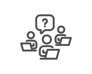 Teamwork question line icon. Ask help sign. Outsource support symbol. Quality design element. Linear style teamwork question icon. Editable stroke. Vector