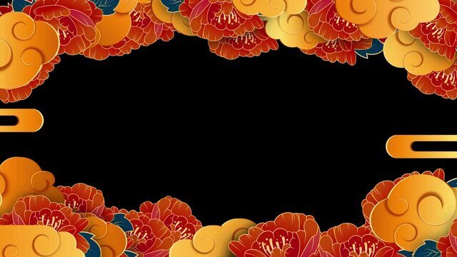 Traditional lunar year flowers and clouds. Happy Chinese New Year. Paper cut art and craft style. Traditional asian decoration. 4K Oriental style motion graphic with Alpha matte.