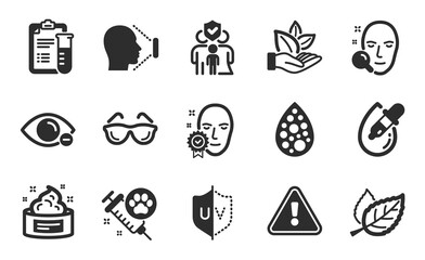 Family insurance, Face verified and Uv protection icons simple set. Eye drops, Face search and Skin cream signs. Artificial colors, Myopia and Eyeglasses symbols. Flat icons set. Vector