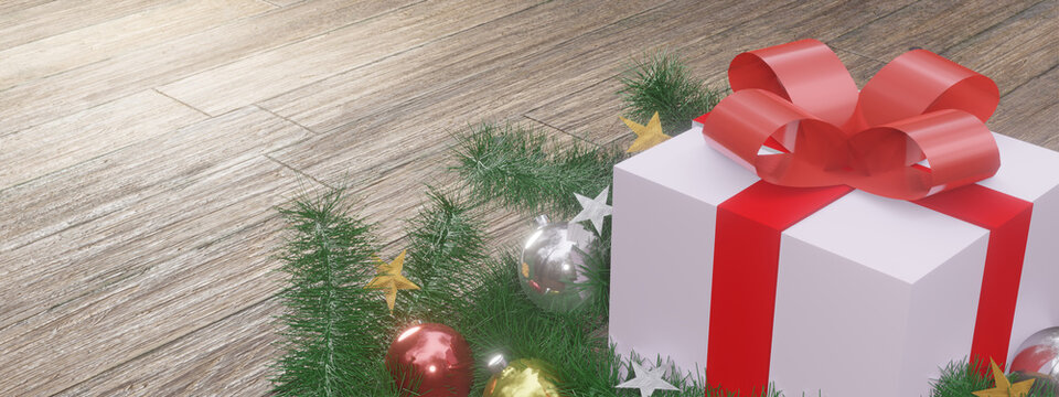 Christmas present on wooden floor. Gift box and decor with copy space background. 3D rendering image