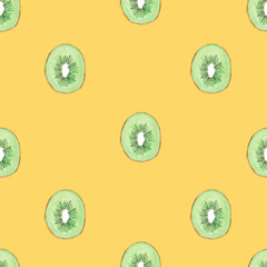 Seamless pattern illustration with green kiwifruit isolated on orange background - 395344354