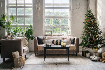 New year tree in room with boho interior
