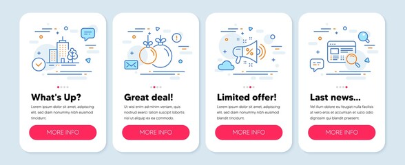 Set of line icons, such as Christmas ball, Skyscraper buildings, Sale megaphone symbols. Mobile app mockup banners. Website search line icons. Decoration, Town architecture, Shopping. Vector