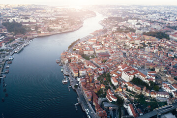 Aerial view of the Douro river in the center of Porto, Portugal.