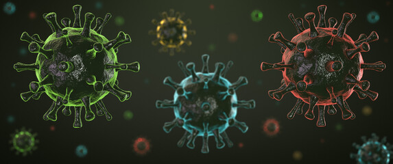 Multicolored coronavirus agents background. Selective focus.