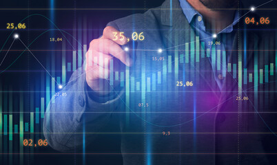 Fototapeta na wymiar Business Analytics. Businessman touching digital screen with financial charts and economic diagrams