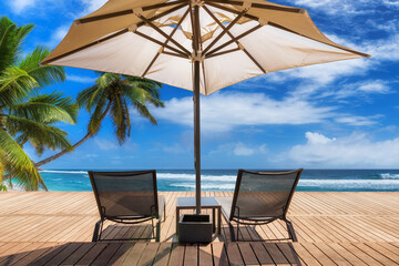 Sunny beach with umbrella and deckchairs on wooden floor, palm trees and the turquoise sea on Tropical island.	