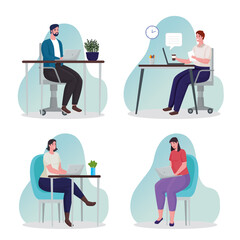 group of people using technology for meeting online vector illustration design