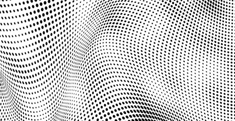 The halftone texture is monochrome. A wave of dots. Abstract black and white texture. Ink dots randomly placed on a white background. Pop art texture for printing on wrapping paper, business cards