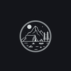 mono line art vector of tent and campfire in the night forest