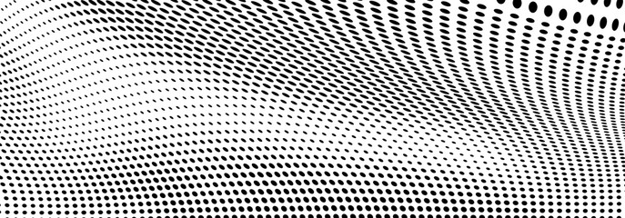 The halftone texture is monochrome. A wave of dots. Abstract black and white texture. Ink dots randomly placed on a white background. Pop art texture for printing on wrapping paper, business cards