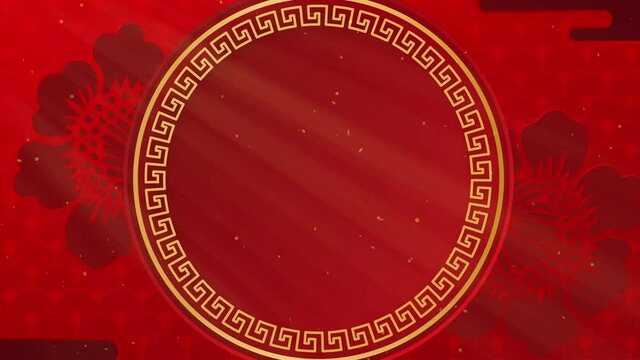 Happy Chinese New Year. Paper cut style. Chinese decorative classic festive background for holiday. Traditional lunar year background with hanging lanterns and flowers. 4K loop with copy space. 