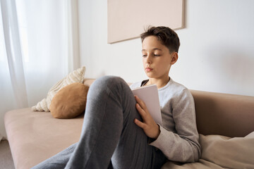 Caucasian boy reading book at home. High quality photo