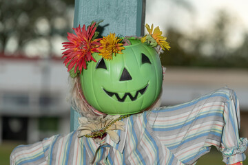 2020 Halloween green pumpkin with flowers