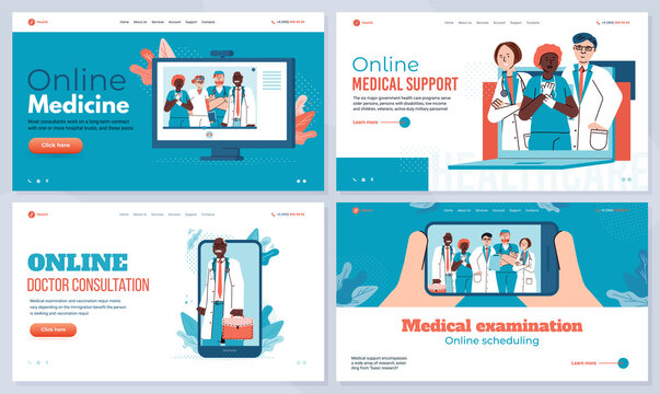 Landing page templates with concept of online medicine distance medical support and examination, remote doctor consultation. Screen of phone, laptop, computer with physician people