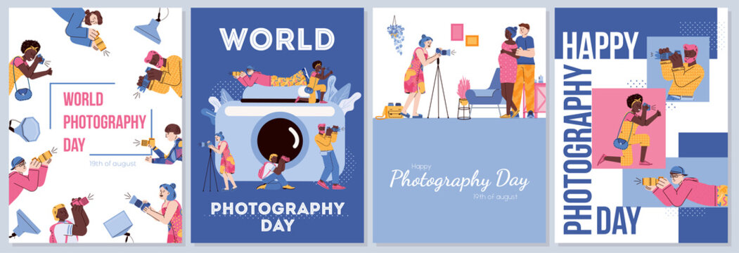 A set of posters for world photography day. Professional photographers with digital cameras taking a pictures and photo in different situations. Vector flat illustrations